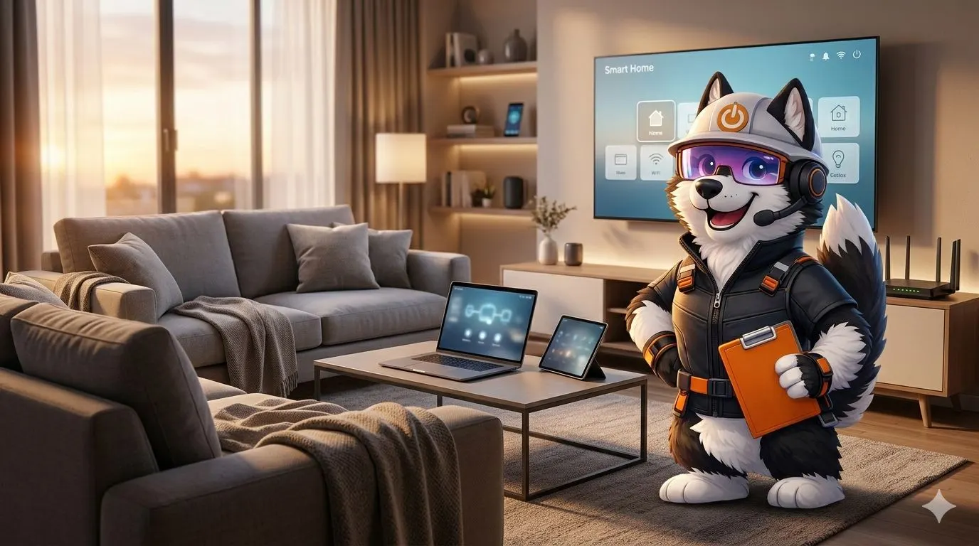 Mascota de IRP-ONE, tecnico husky con casco y equipo de conectividad, en una sala con smart home conectado a internet